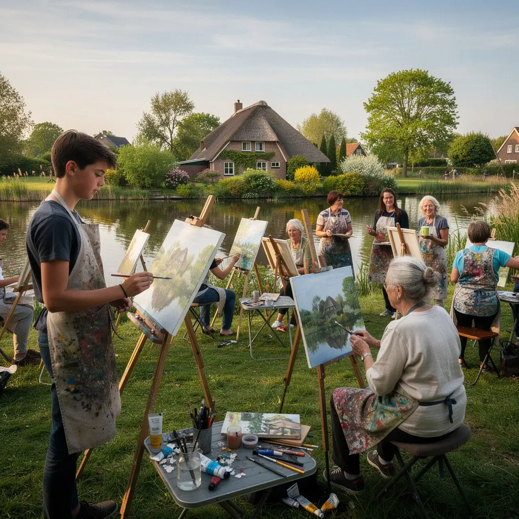 Een schilderachtig uitzicht op de rietgedekte huisjes aan het kanaal in Giethoorn.