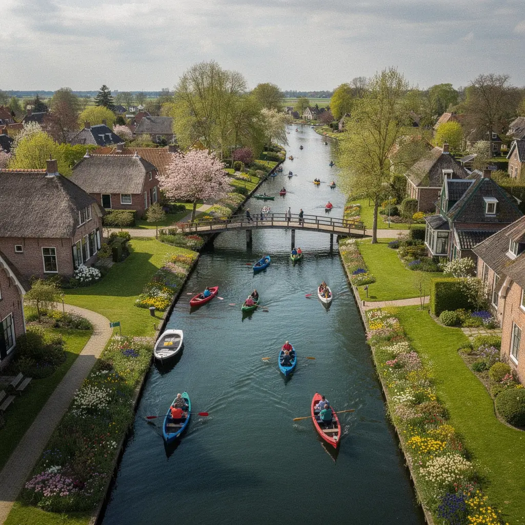 Een traditionele boot die rustig over het water glijdt in het autovrije dorp.