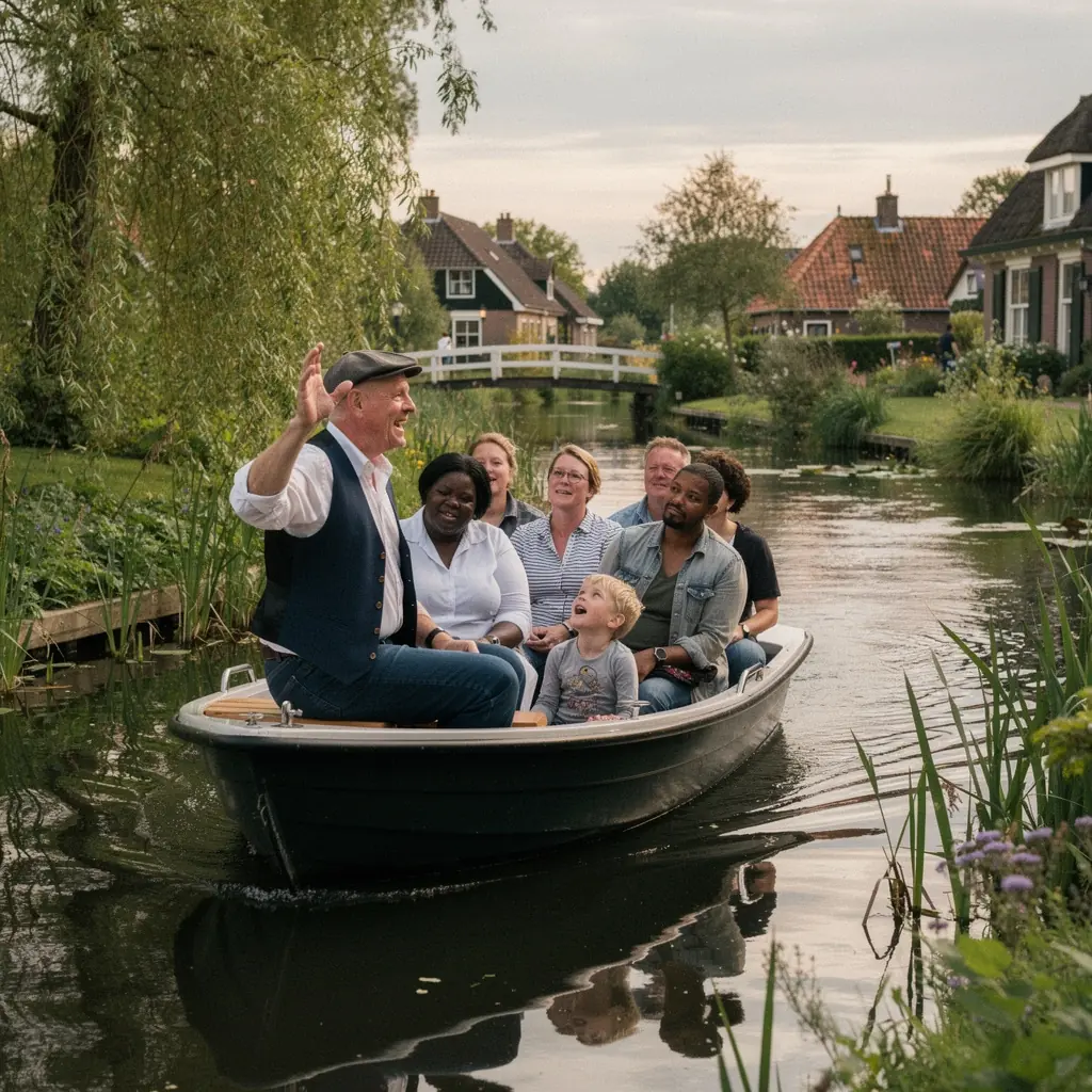 Een zonsondergang die de rietgedekte daken verlicht met warme kleuren.